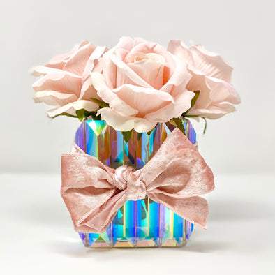 IRIDESCENT VASE WITH PINK ROSES