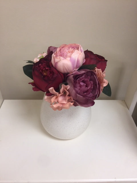VASE WITH RED & PEACH SILK ROSES
