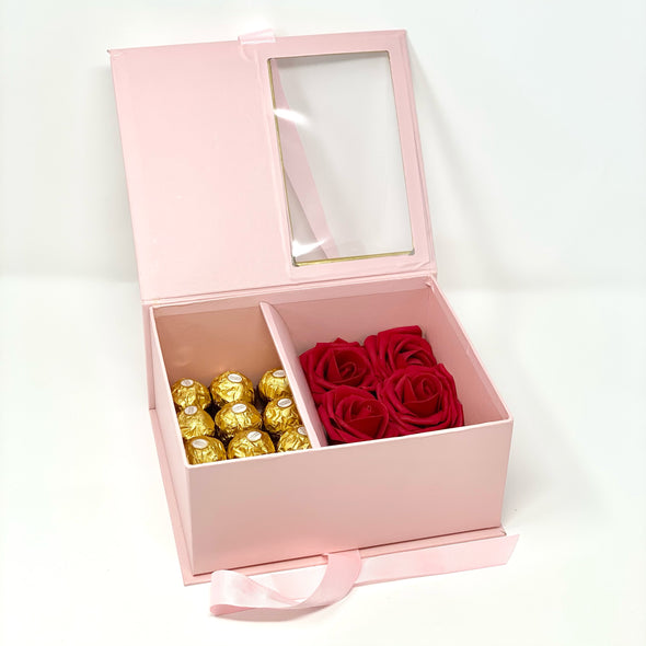 PINK GIFT BOX INCLUDING ROSES AND CHOCOLATES