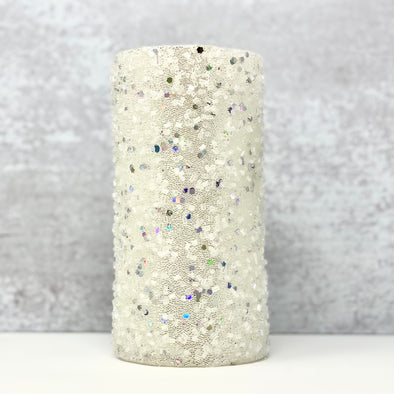 WHITE CYLINDER CANDLE WITH CLEAR BEADS AND IRIDESCENT SPARKLES