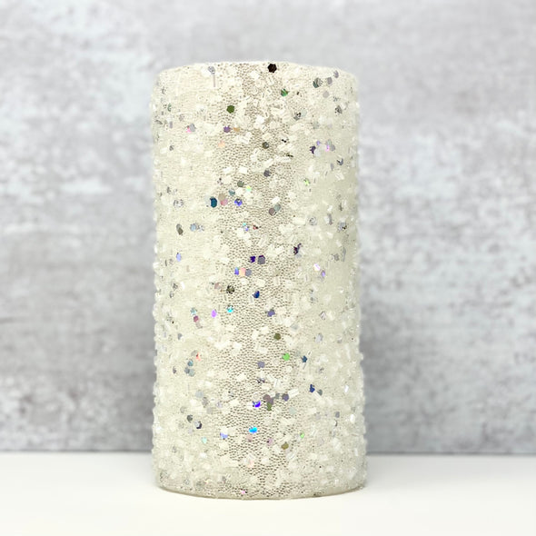 WHITE CYLINDER CANDLE WITH CLEAR BEADS AND IRIDESCENT SPARKLES