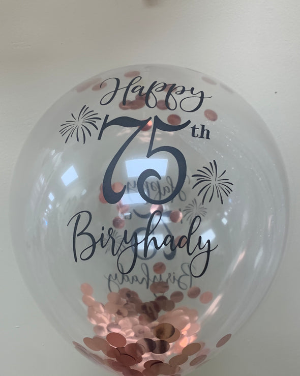 11" 75TH BIRTHDAY CLEAR LATEX FILLED WITH ROSE GOLD CONFETTI