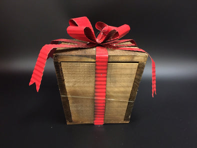 WOODEN CHRISTMAS GIFTBOX W/ RED METAL RIBBON/BOW