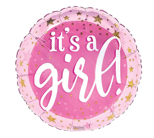 17" ROUND LIGHT PINK "IT'S A GIRL" BALLOON W/ GOLD & PINK STARS