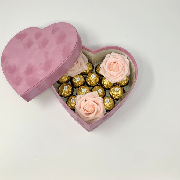 VELVET HEART SHAPED GIFT BOX WITH CHOCOLATE AND ROSES
