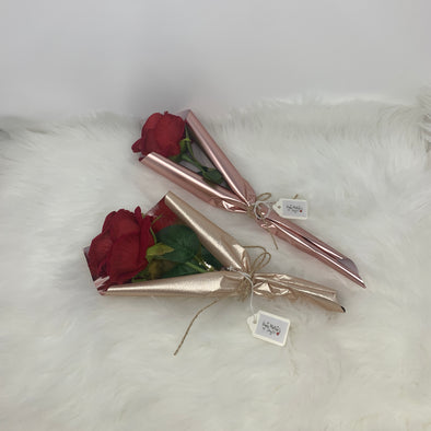 RED SILK ARTIFICIAL ROSE WRAPPED IN PREMIUM PAPER