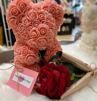"HAPPY MOTHER'S DAY" PEACH TEDDY BEAR WITH RED SILK ROSE