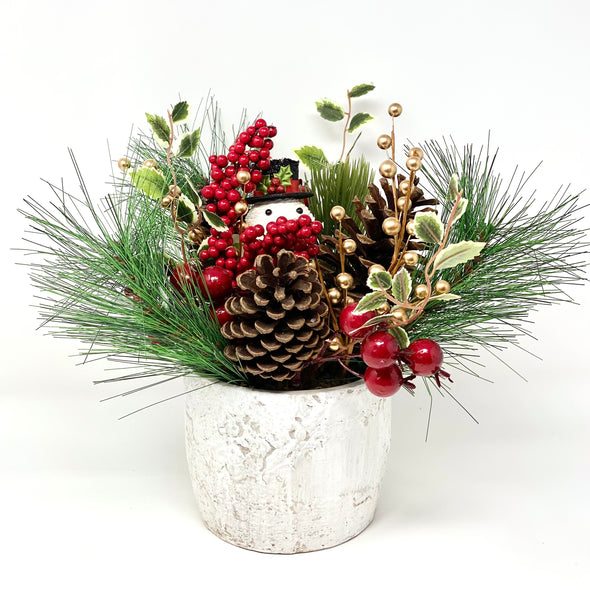 CHRISTMAS PLANT WITH SNOWMAN AND GREENERY