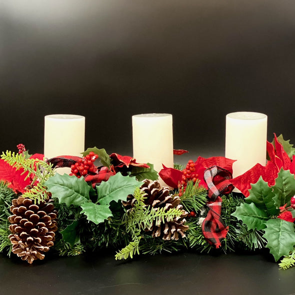 CHRISTMAS CENTERPIECE WITH HOLLY/PINE CONE TRIM & TRIO OF CANDLES