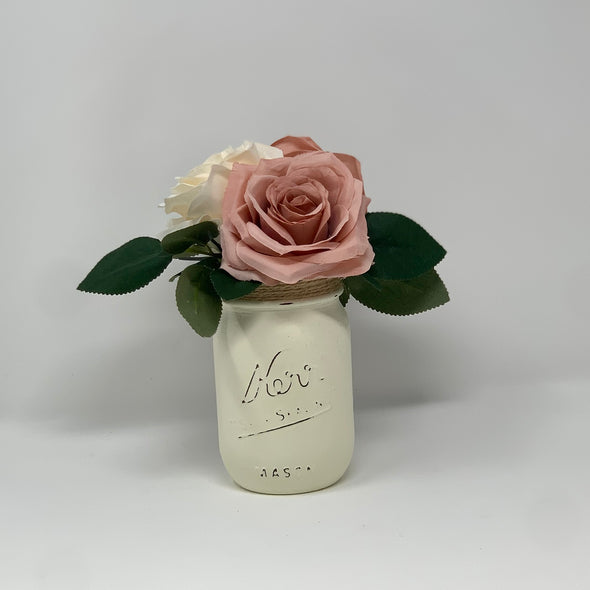 ARTIFICIAL SILK ROSE FLOWER BOUQUET IN A HAND-PAINTED MASON JAR