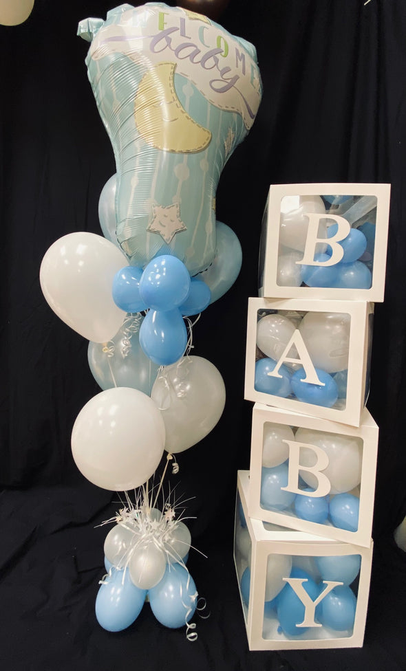 "BABY" BLOCKS FILLED WITH BLUE AND WHITE BALLOONS