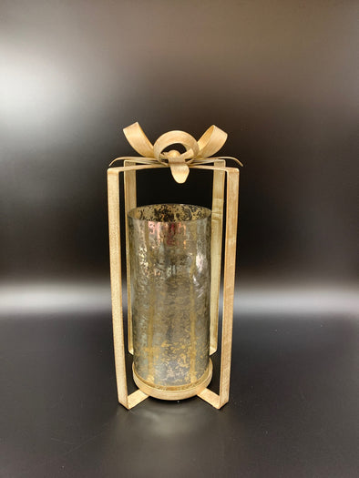 CHRISTMAS LANTERN IN TAN W/ GLASS CANDLE HOLDER