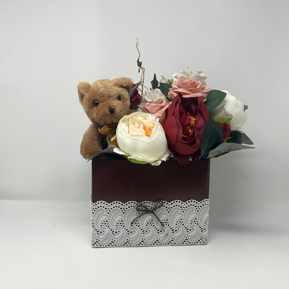 FLOWER BOUQUET GIFT BOX WITH A  TEDDY BEAR