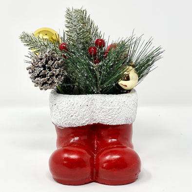 RED SANTA BOOTS WITH GREENERY AND ACORN DECOR