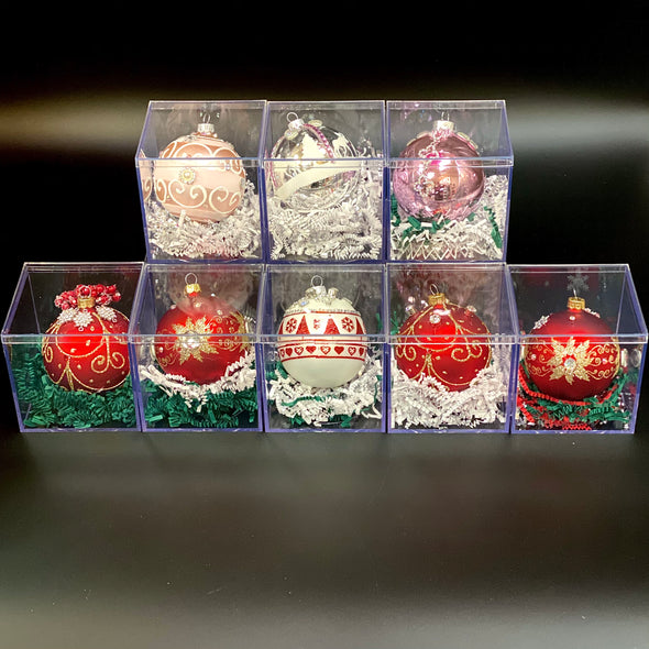 WHITE CHRISTMAS ORNAMENTS W/ JEWELS AND DECORATIONS