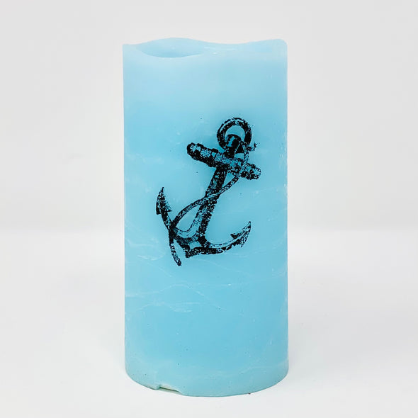 BLUE FLAMELESS CANDLE WITH AN ANCHOR DESIGN