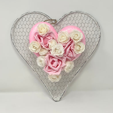 HEART SHAPED HANGING WHITE WIRE DECORATION WITH FLOWERS