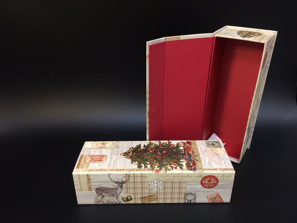 CUSTOM CHRISTMAS GIFT BOX WITH TREE ON OUTSIDE AND RED LINED ON INSIDE