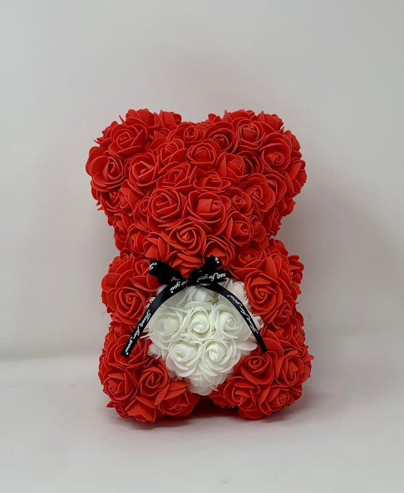 10" MINI RED ROSE BEAR WITH WHITE HEART SHAPED STOMACH