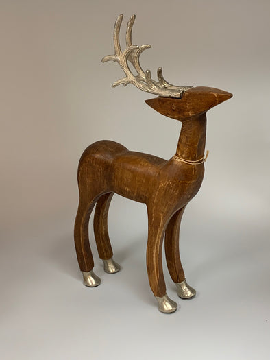 LARGE WOODEN REINDEER WITH BRONZE ANTLERS/HOOVES