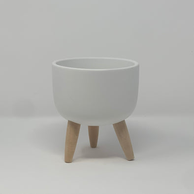 BOWL SHAPED WHITE PLANT HOLDER POT WITH WOODEN STAND