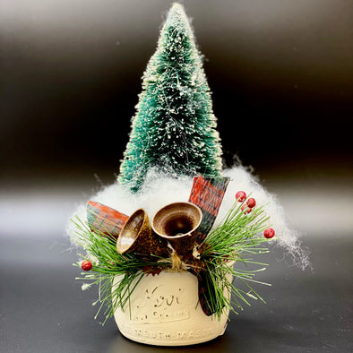 WHITE MASON JAR WITH CHRISTMAS TREE AND BELLS