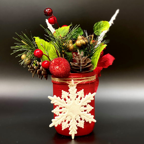RED MASON JAR W/ SNOWFLAKE AND CHRISTMAS ARRANGEMENT