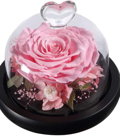 Eternal Pink Rose w/ Heart Glass Keepsake Dome Small