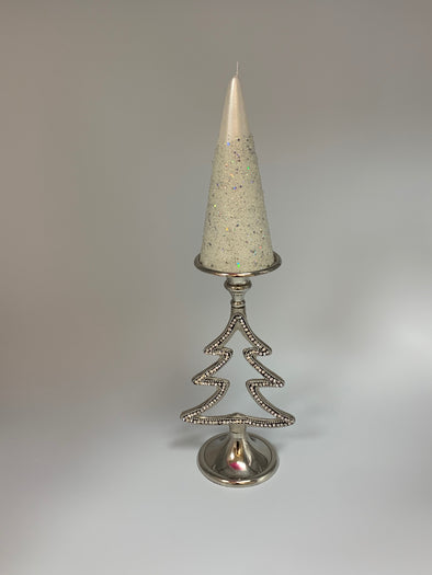 SILVER CHRISTMAS TREE CANDLE HOLDER W/ WHITE SPARKLE CANDLE (SET)