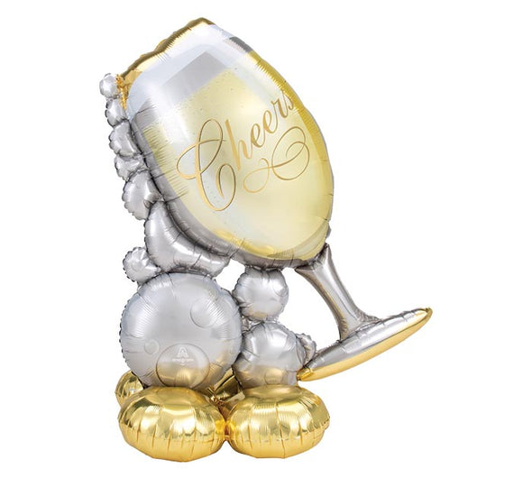 51" GOLD AND SILVER BUBBLY CHAMPAGNE GLASS SHAPED FOIL BALLOON