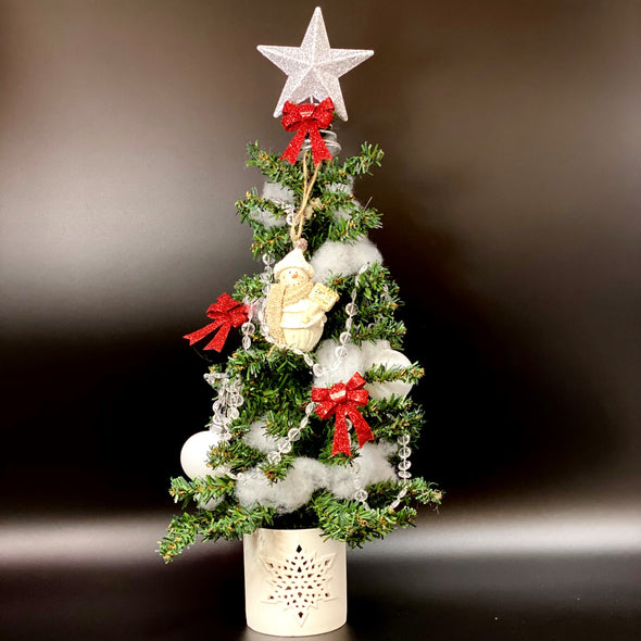DECORATED CHRISTMAS TREE W/ BEADS, SNOWMAN AND SILVER STAR ON TOP