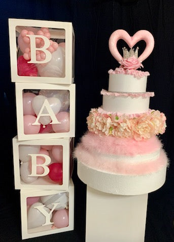 "BABY" BLOCKS FILLED WITH PINK AND WHITE BALLOONS