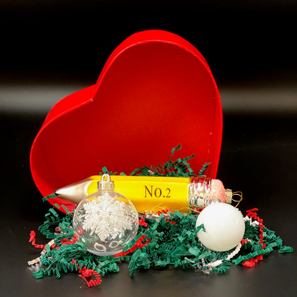 CHRISTMAS ORNAMENTS W/ #2 PENCIL IN HEART SHAPED GIFT BOX