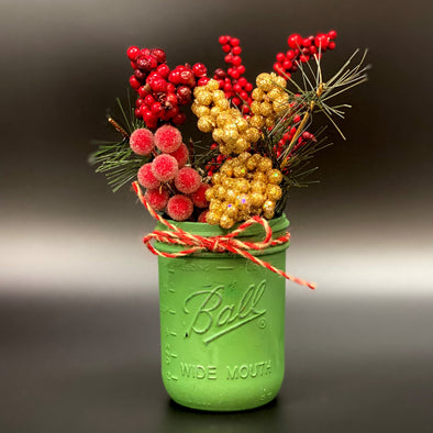 GREEN MASON JAR W/ GREEN/GOLD CHRISTMAS ARRANGEMENT