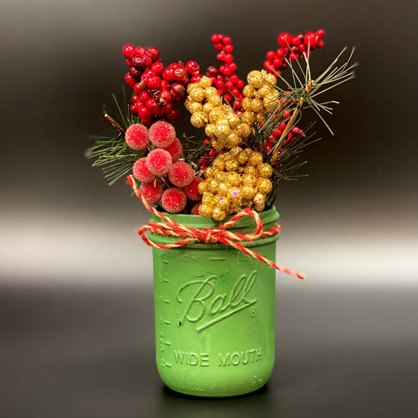 GREEN MASON JAR W/ GREEN/GOLD CHRISTMAS ARRANGEMENT
