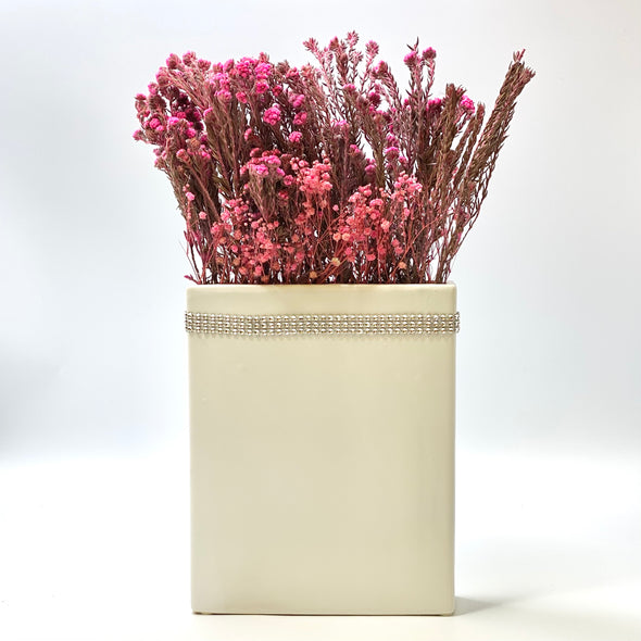 SQUARE WHITE VASE WITH RHINSTONES REAL DRIED FLOWERS