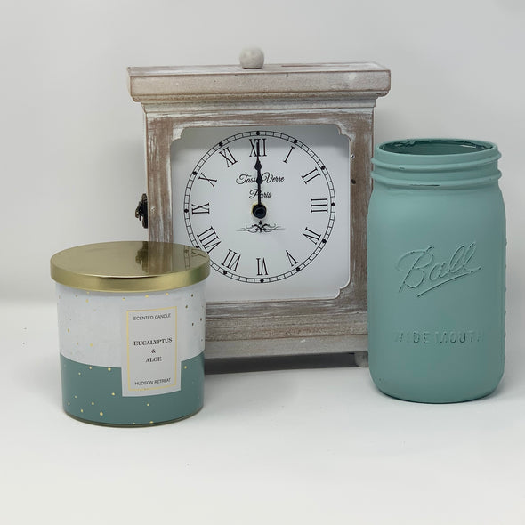 GIFT SET INCLUDING RUSTIC CLOCK, MASON JAR, AND CANDLE