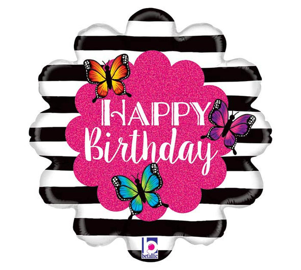 18" BLACK/WHITE RADIANT BUTTERFLY BDAY STRIPED PINK BALLOON